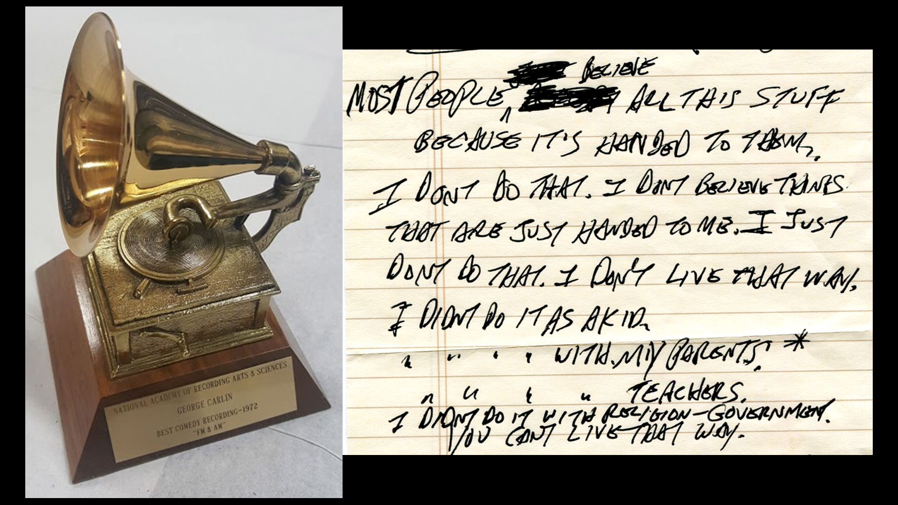George Carlin’s Grammy Award and Handwritten Notes