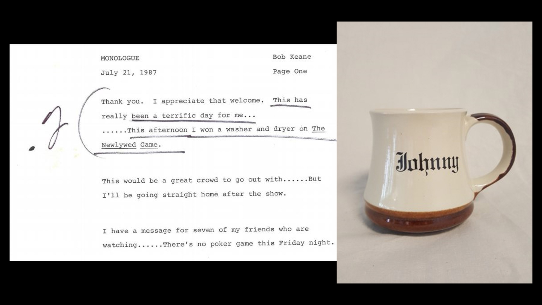 Johnny Carson’s Mug and Annotated Monologue