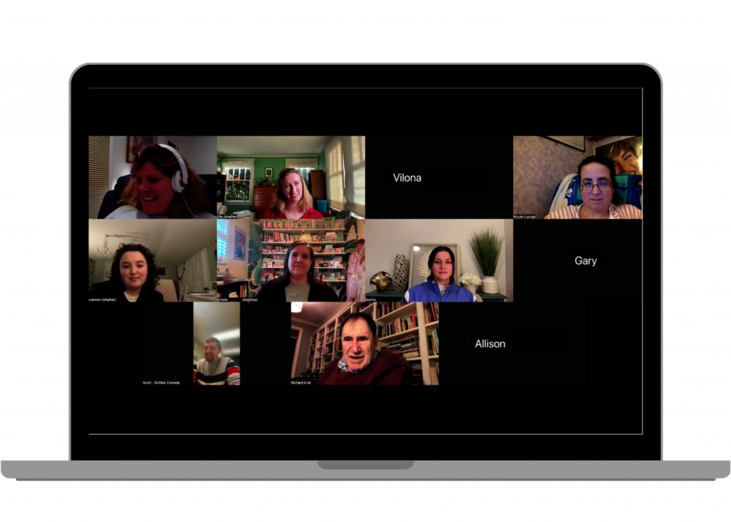 Several peers gather virtually via Zoom for online learning about comedy.